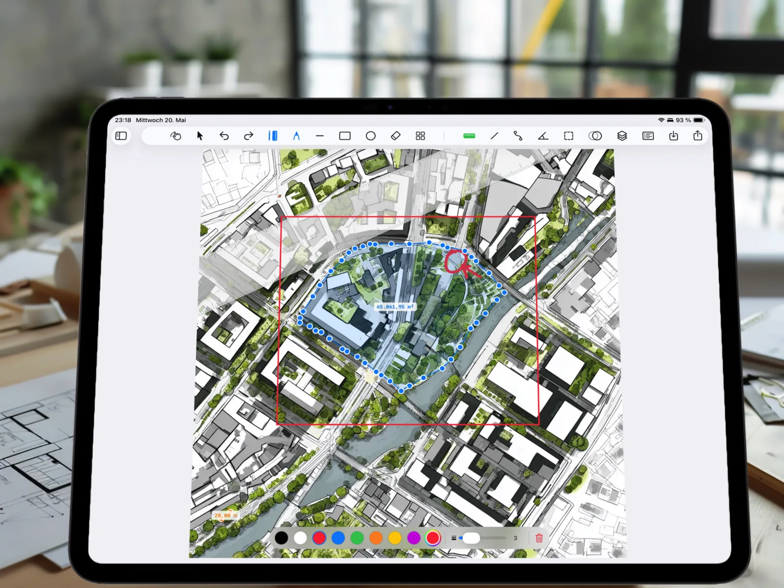 Apple Maps snapshot imported into PlanMeasure – park area calibrated and measured at 65,061.95 m²